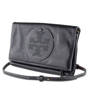 Fab Tory Burch Perforated Logo Fold Over Crossbody - Black with detachable strap